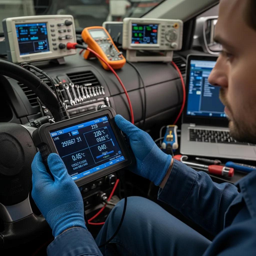 ASE-certified technician using an OBD-II scanner to diagnose engine issues in a modern auto repair shop