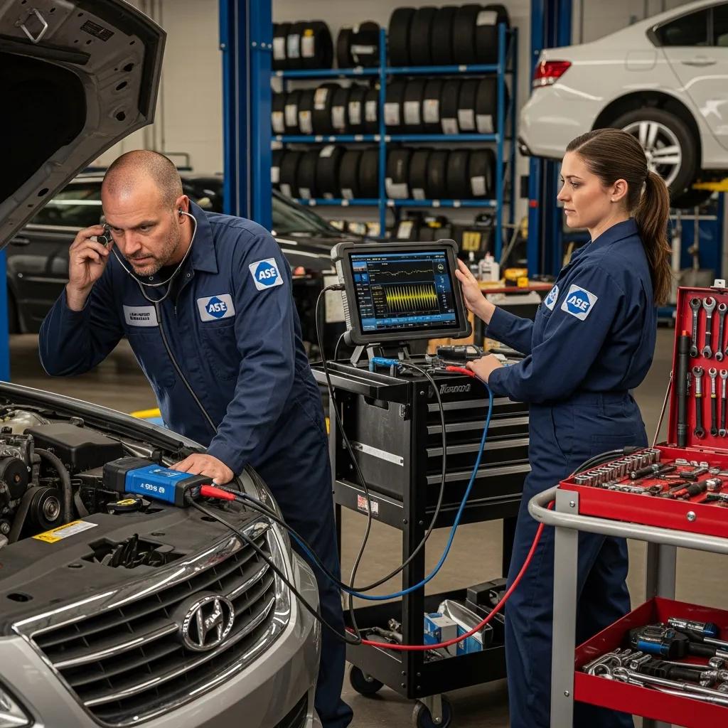 Essential Steps to Take When Your Car Makes Unusual Noises in Philadelphia 3 ASE-certified technicians diagnosing car noises with modern tools in a repair shop