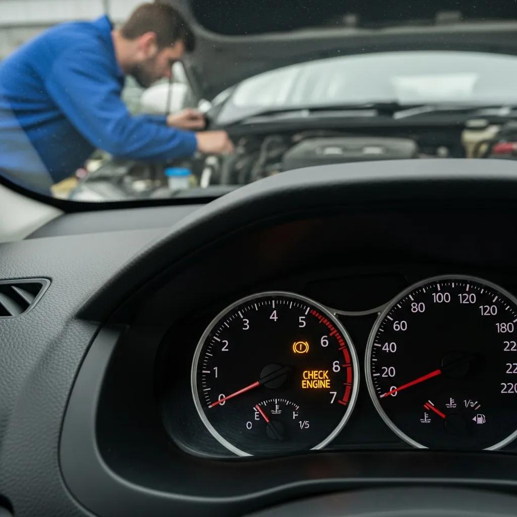 Car dashboard with check engine light on, illustrating common emergency engine problems and the need for immediate attention