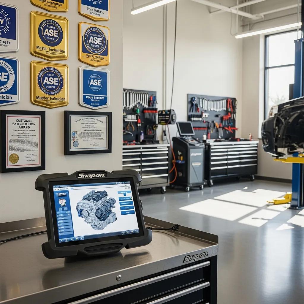 Close-up of a trustworthy auto repair shop in Philadelphia with visible ASE certifications and modern equipment