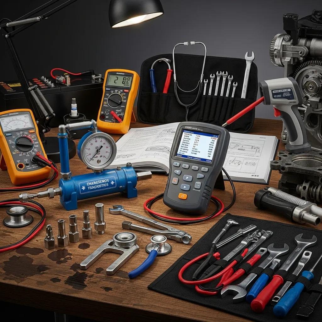 Diagnostic tools used by ASE-Certified technicians, including OBD-II scanner and compression tester, highlighting professional engine diagnostics