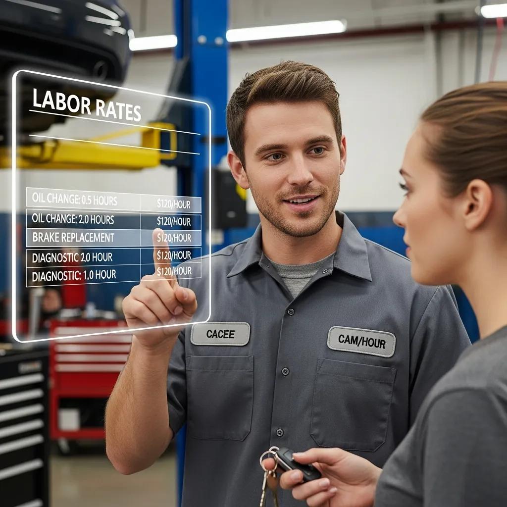 Mechanic explaining labor rates to a customer in an auto repair shop, highlighting transparency in pricing