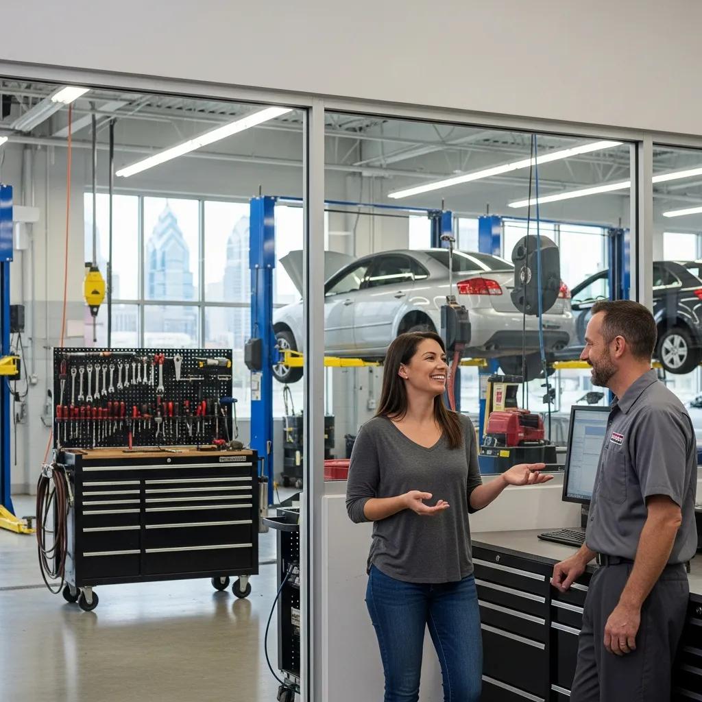 Satisfied customer sharing positive feedback with an auto repair technician in a clean Philadelphia shop