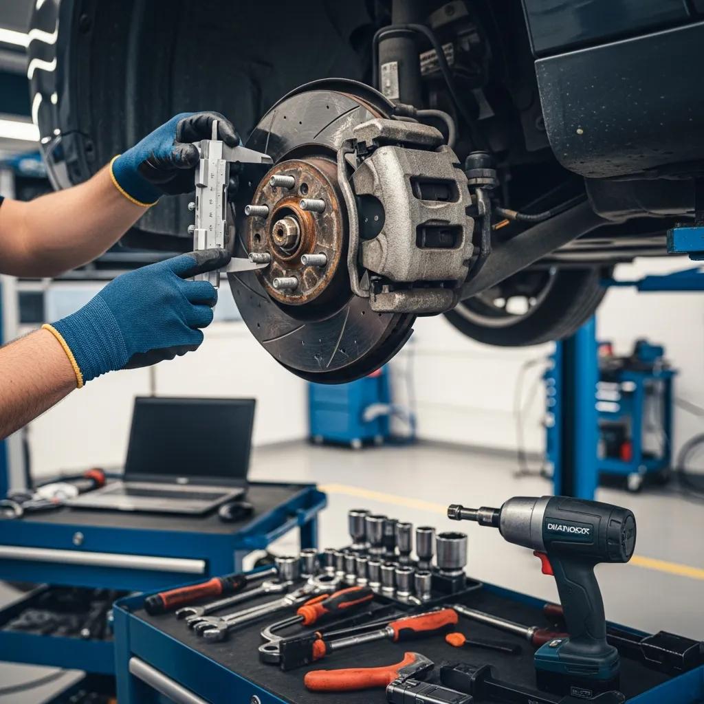 Technician inspecting brake pads and rotors in an auto repair shop, illustrating common brake repair issues