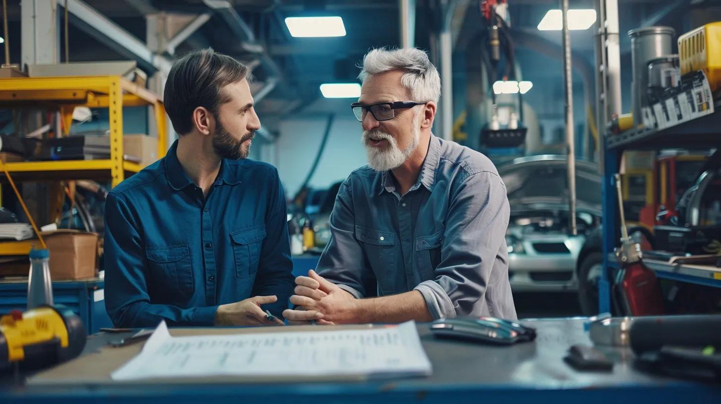 Customer discussing repair costs with shop manager in a collision repair shop