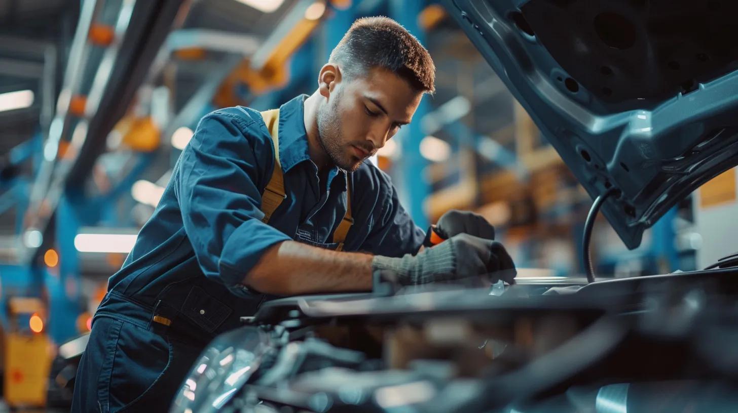 ASE-certified technician inspecting a vehicle in a collision repair shop