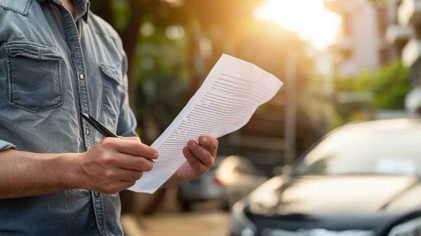 Individual reviewing an insurance policy document with a car in the background, highlighting the importance of understanding coverage for collision repairs