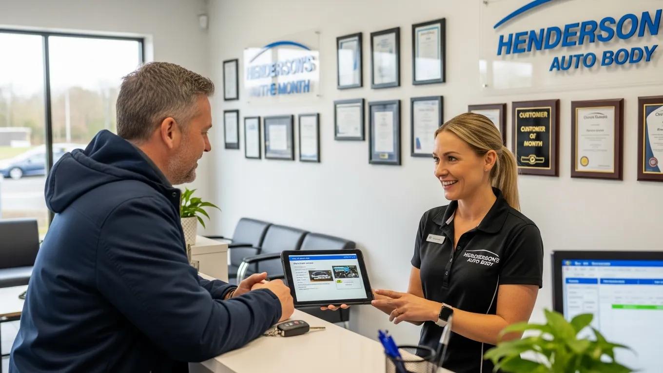 Auto body shop receptionist assisting a customer, emphasizing the importance of booking reliable services