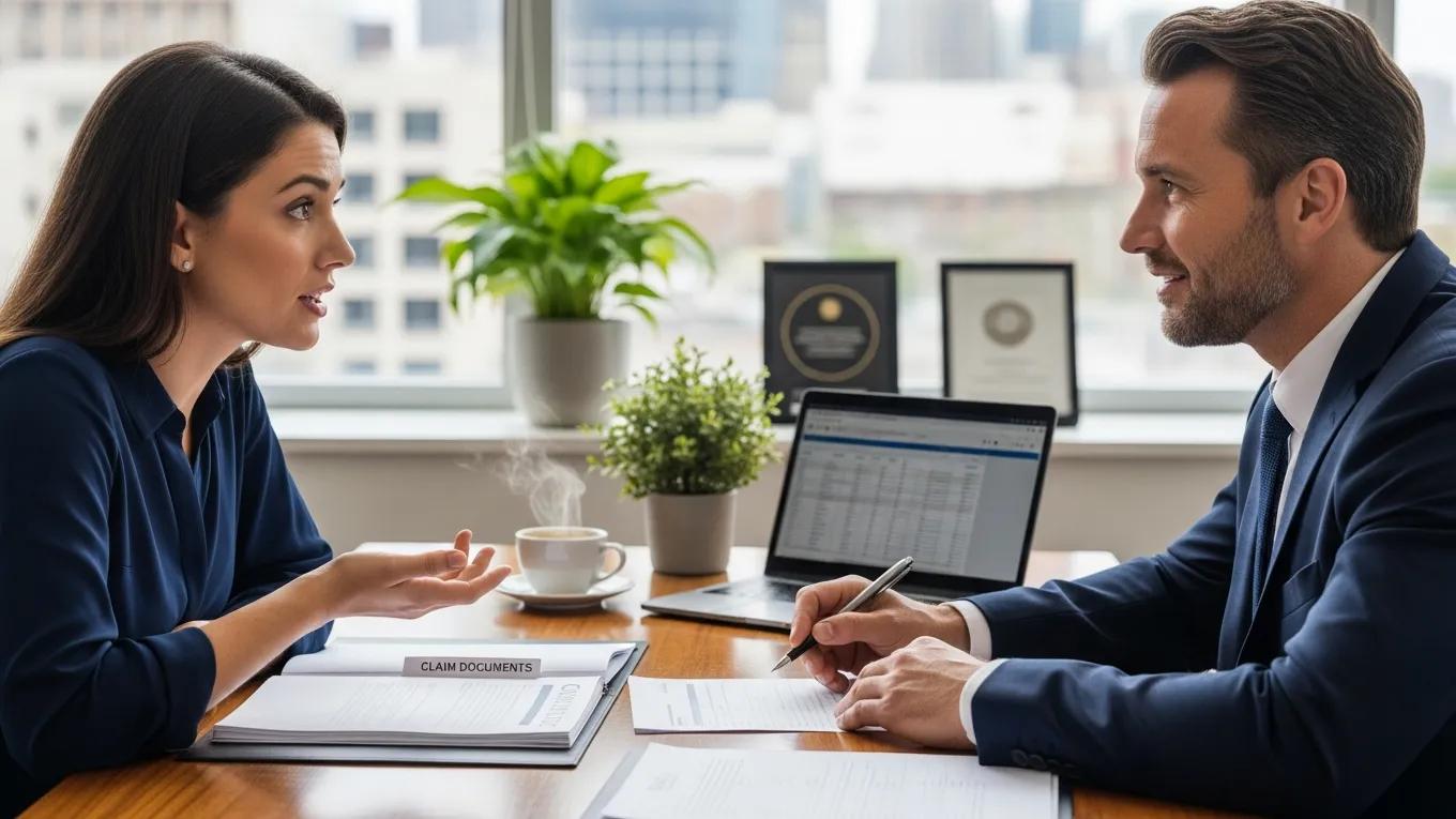 Customer consulting with an insurance agent about a collision repair claim, highlighting the claim process