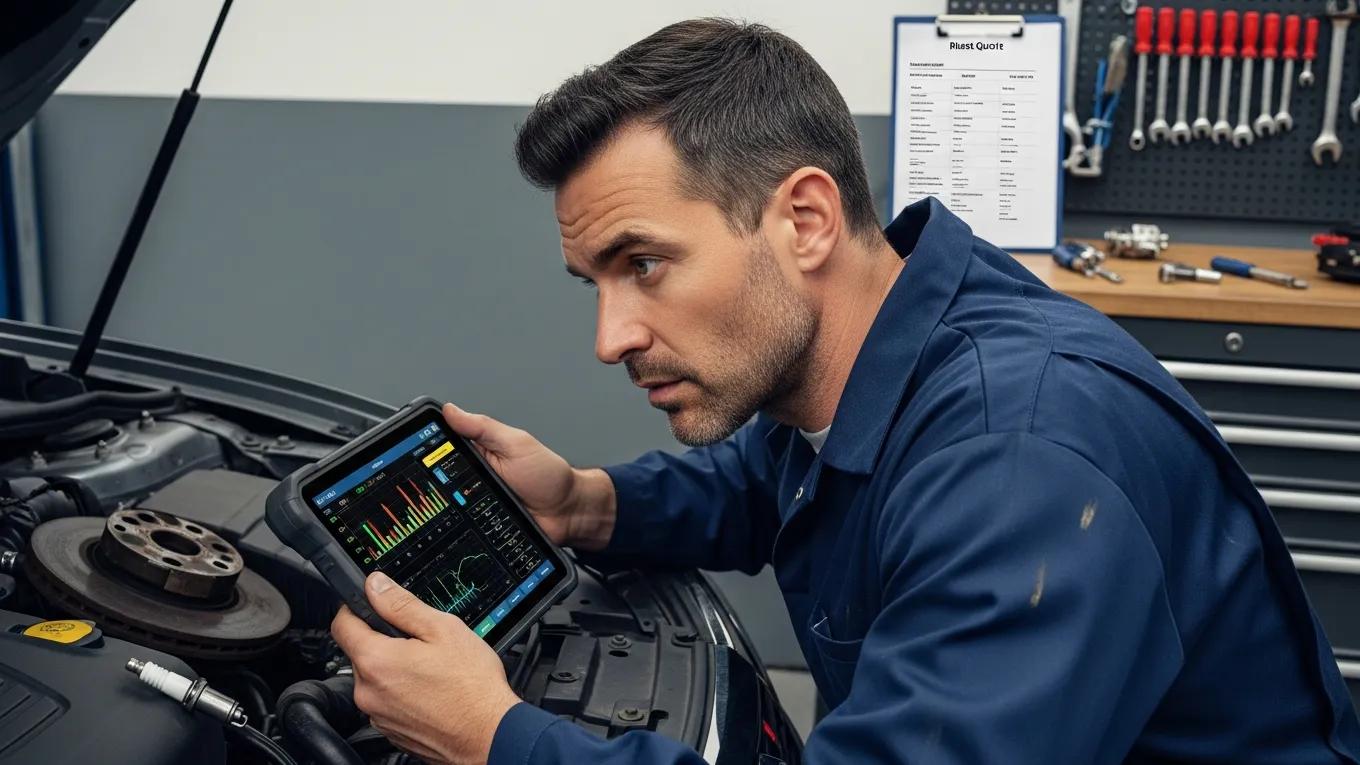 Mechanic assessing car damage with diagnostic tools and itemized quote, focusing on estimating repair costs