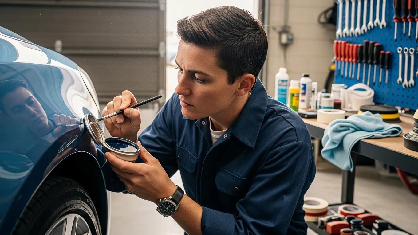 Mechanic repairing minor scratches on a car, illustrating average auto body repair costs