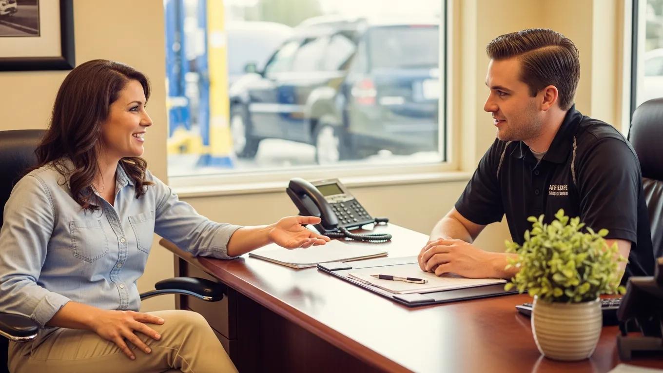 Satisfied customer sharing their positive experience with an auto body shop representative, reflecting trust and satisfaction