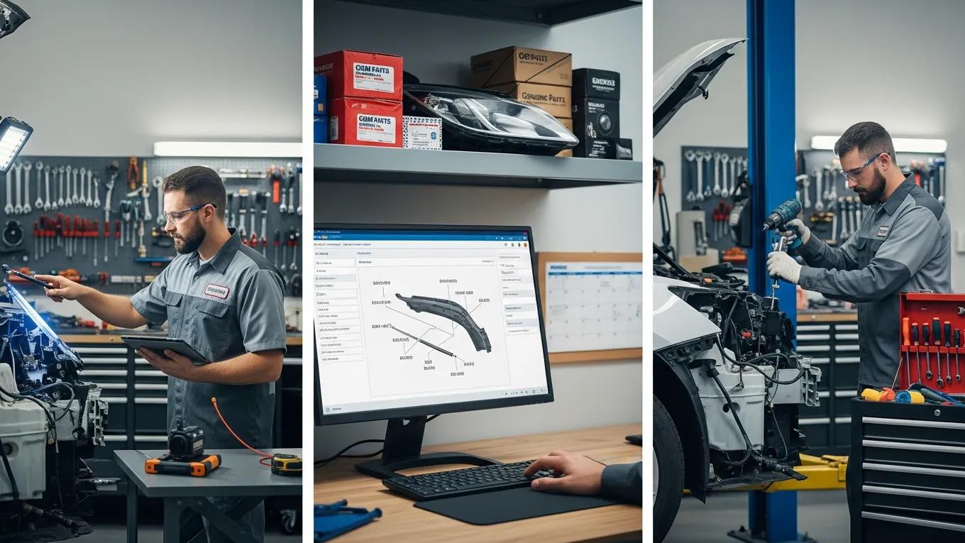 Steps in the collision repair process, showcasing inspection, parts ordering, and repair work