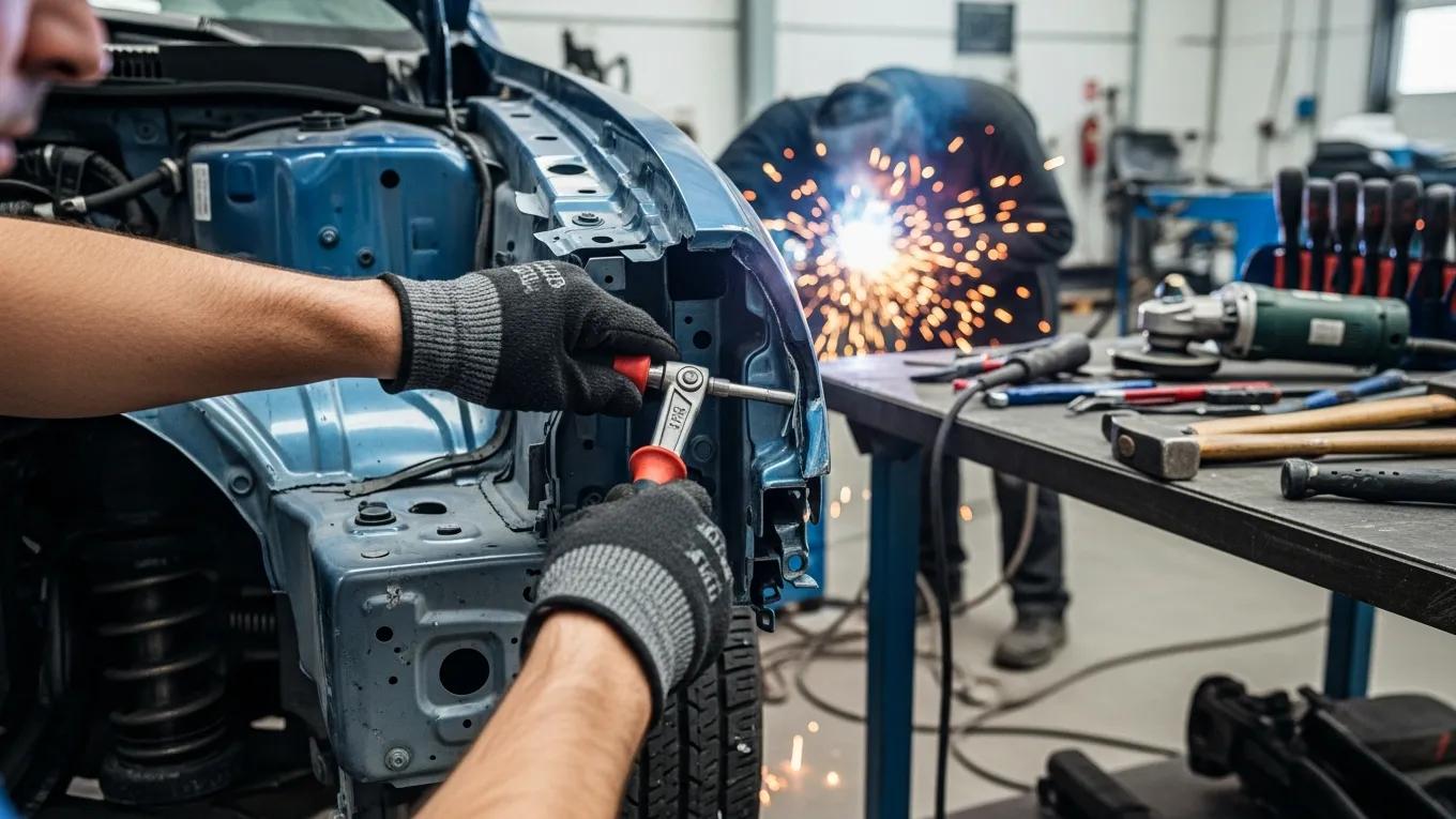 Technician performing collision repair on a vehicle, showcasing craftsmanship and service quality