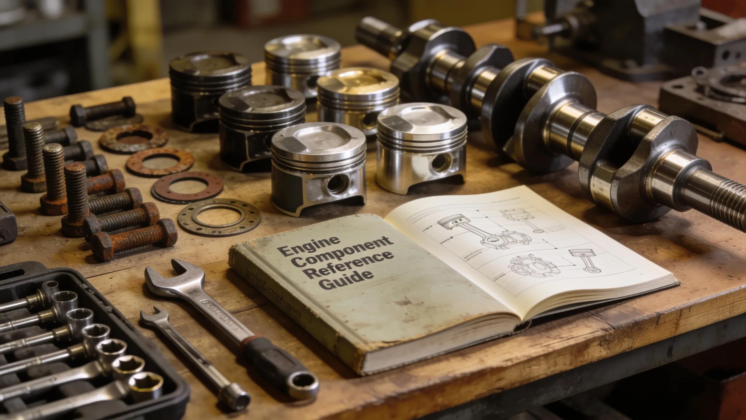 Engine parts and tools on a workbench, illustrating the cost factors in engine replacement
