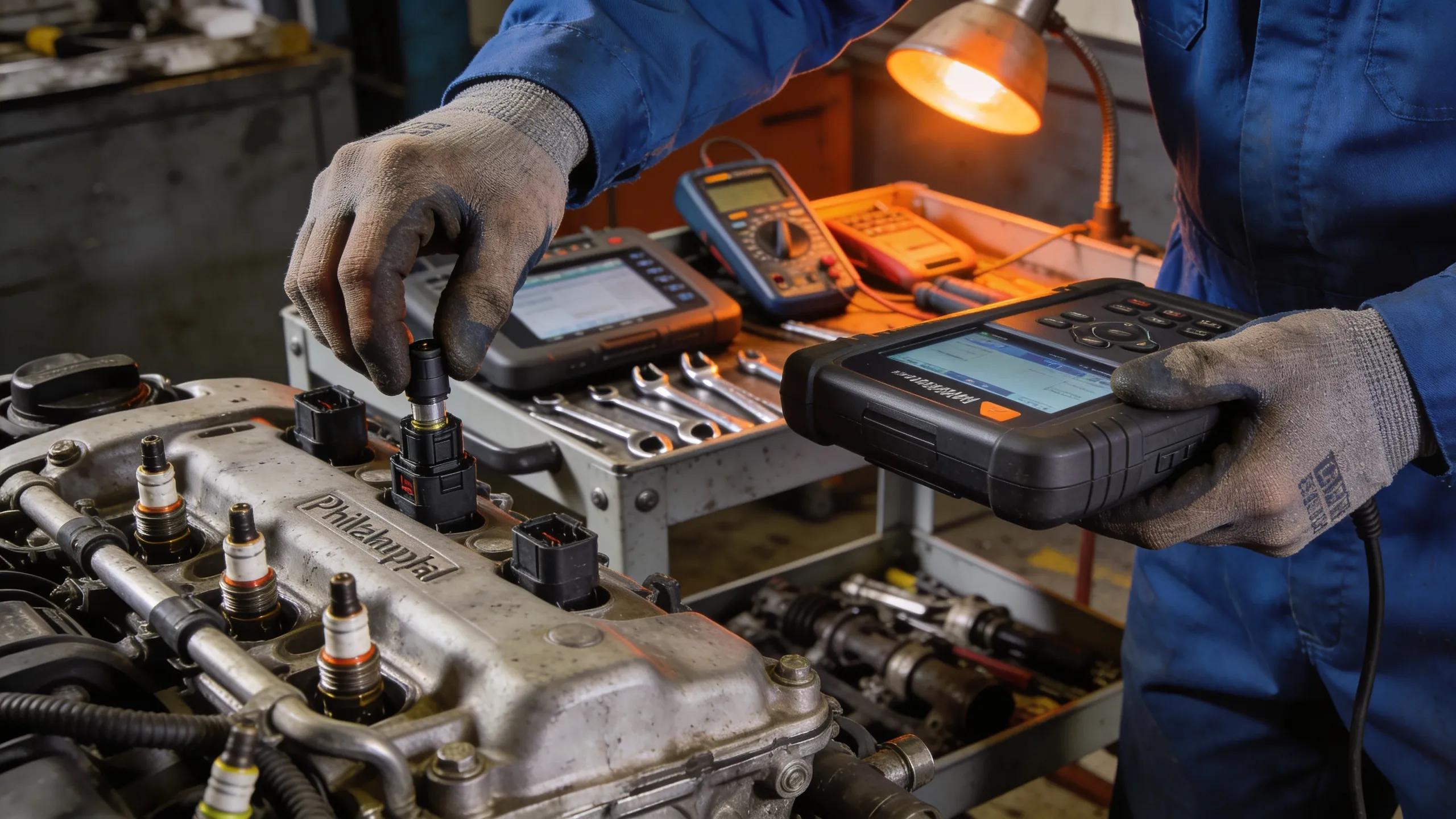 Technician performing detailed engine diagnostics in a Philadelphia auto repair shop