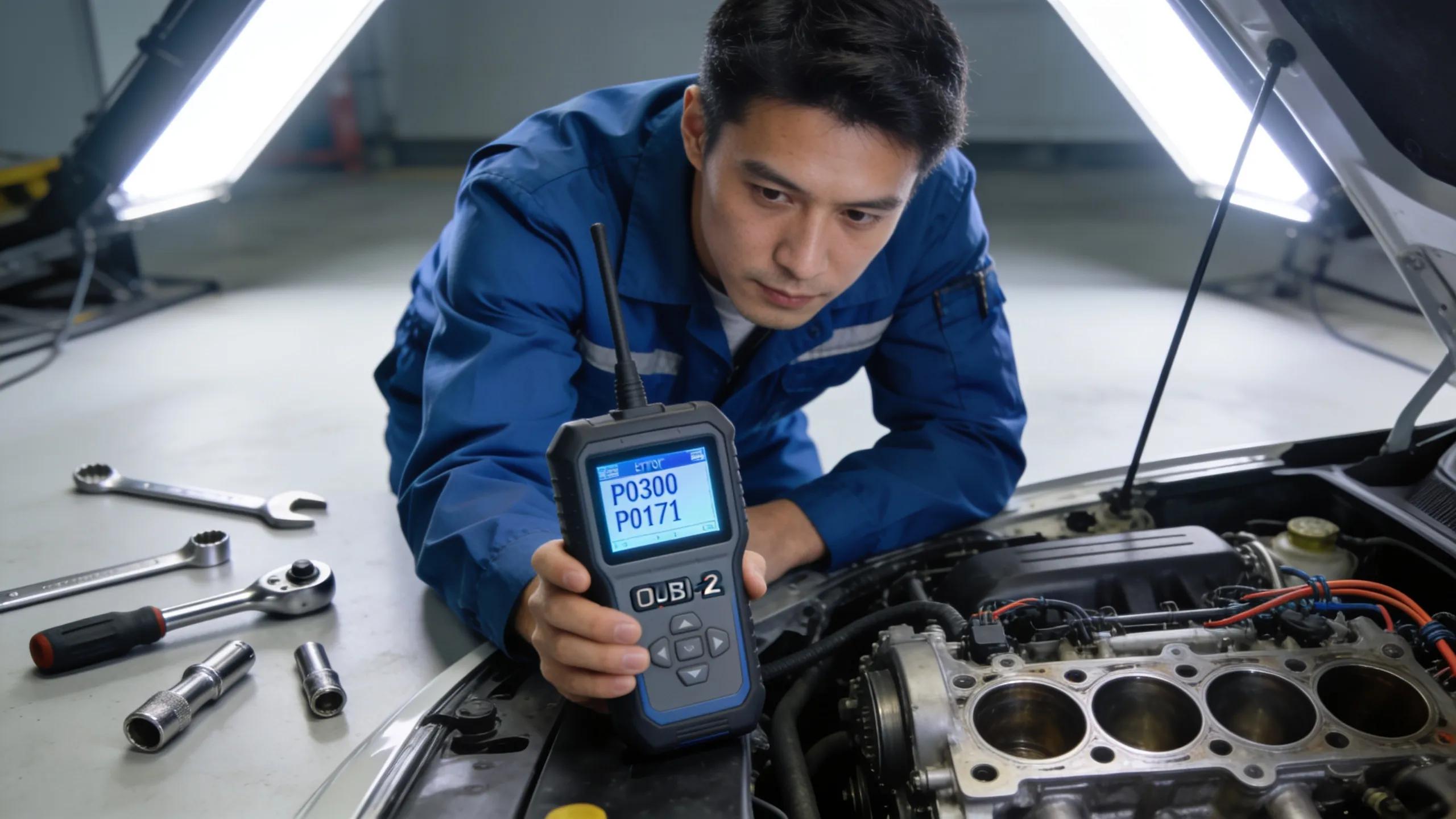 Mechanic analyzing engine diagnostics with OBD-II scanner, capturing the diagnostic process in automotive repair
