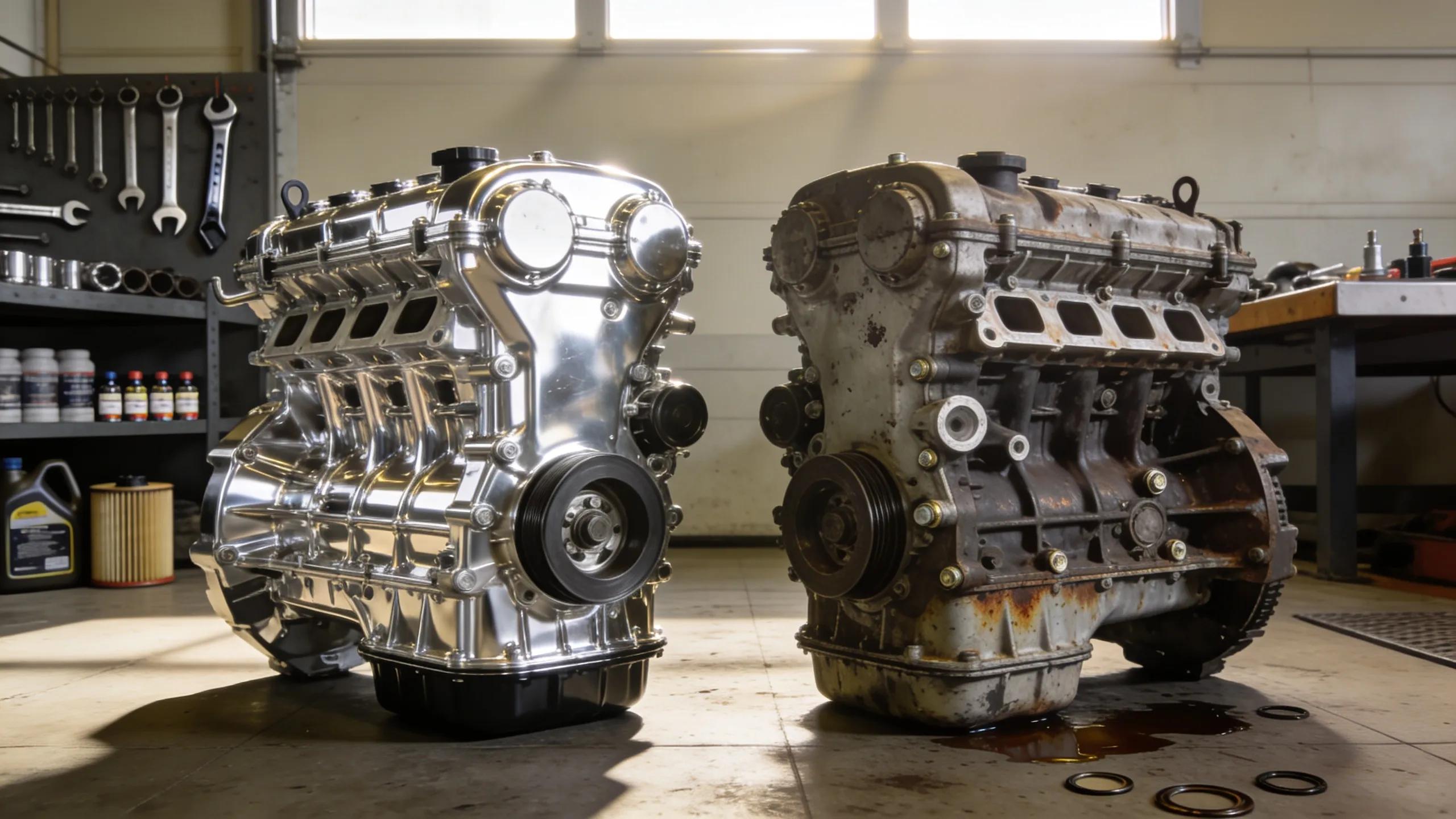 A comparative view of a new engine and a used engine in an auto repair setting