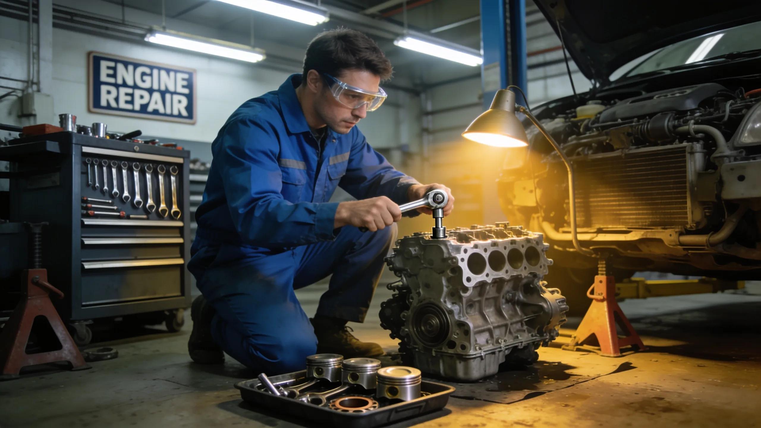 Mechanic working on an engine, illustrating labor costs associated with engine replacement