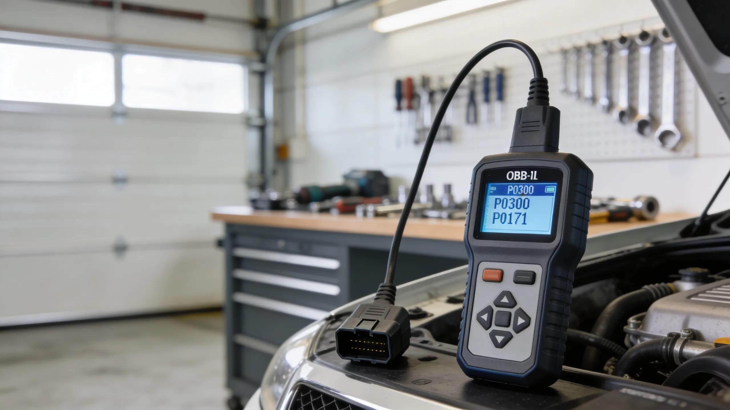 OBD-II scanner connected to vehicle showcasing error codes for engine diagnostics