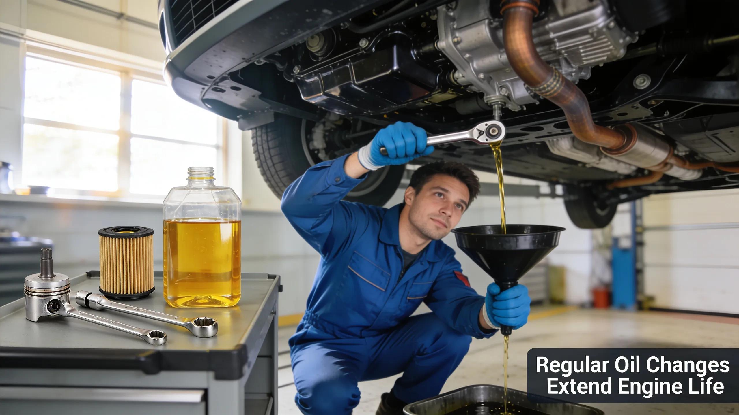 Mechanic performing an oil change as part of regular engine maintenance to ensure vehicle longevity