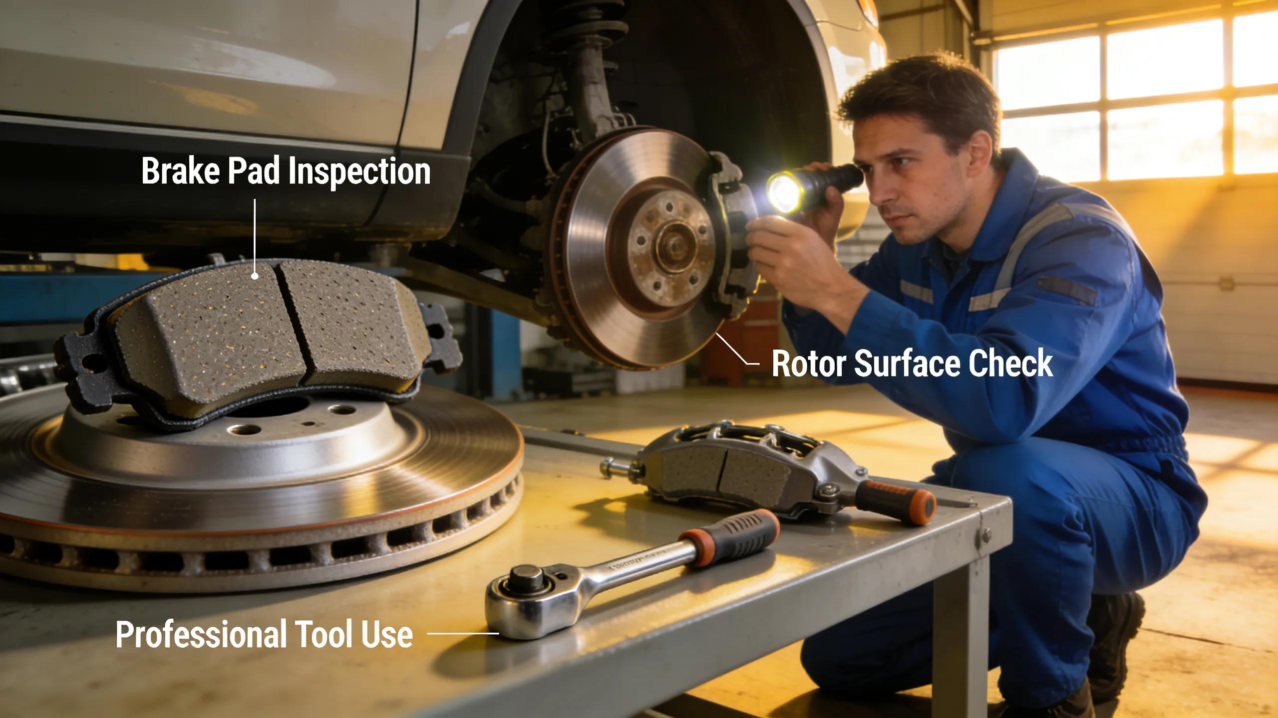 Mechanic inspecting vehicle brakes emphasizing safety procedures in brake repair services