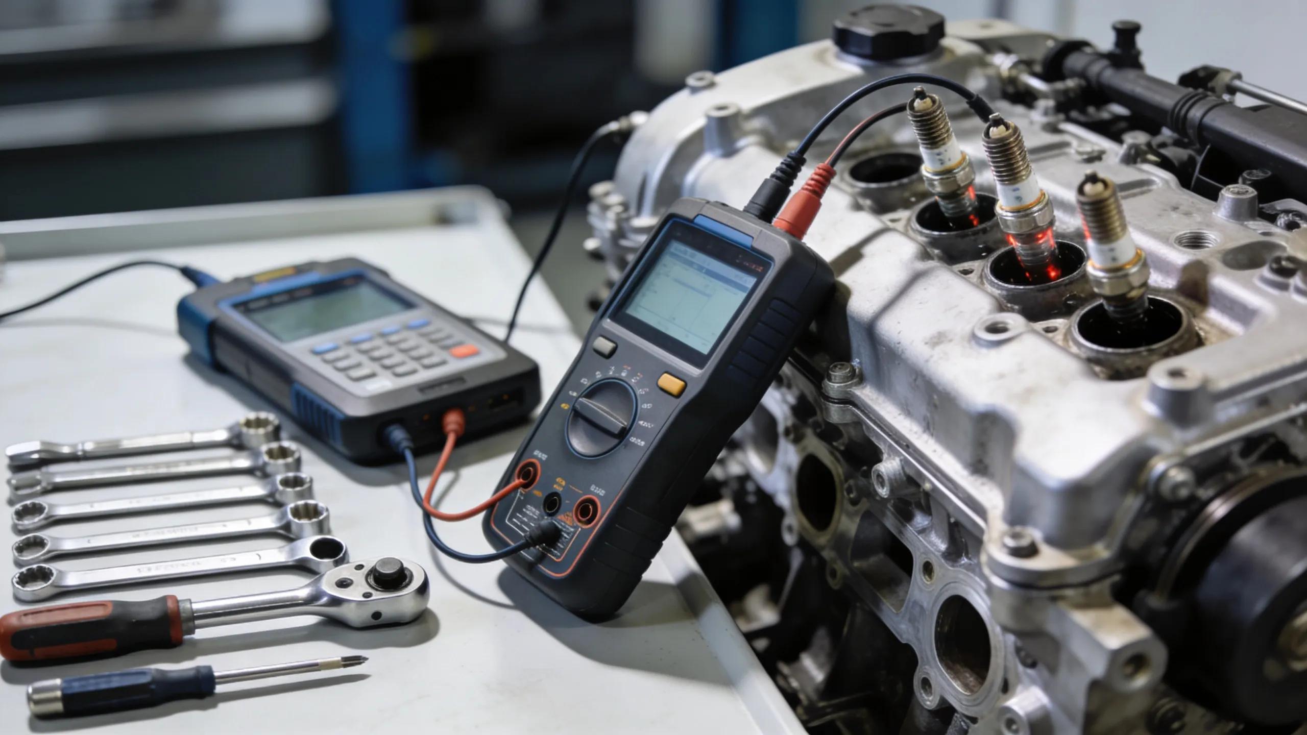 Mechanic diagnosing vehicle engine with advanced tools demonstrating engine repair solutions