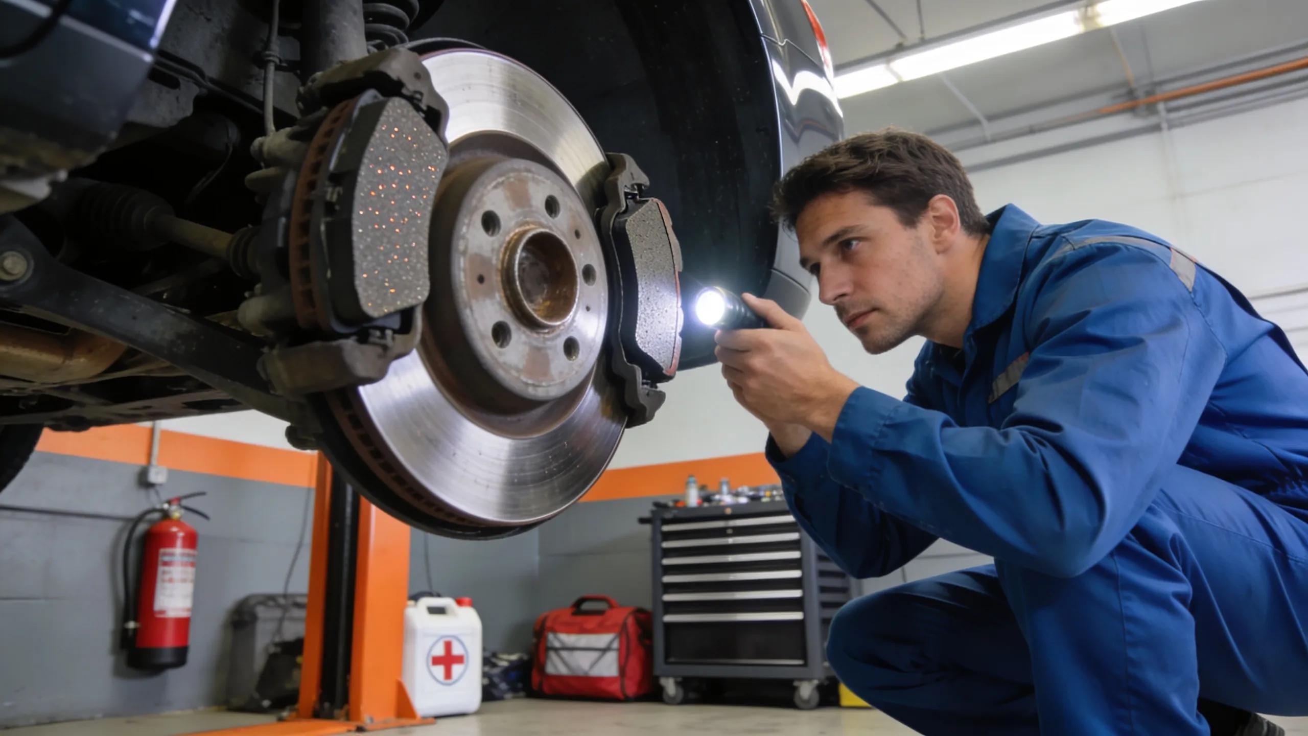Mechanic inspecting brake pads and rotors during brake system diagnostics