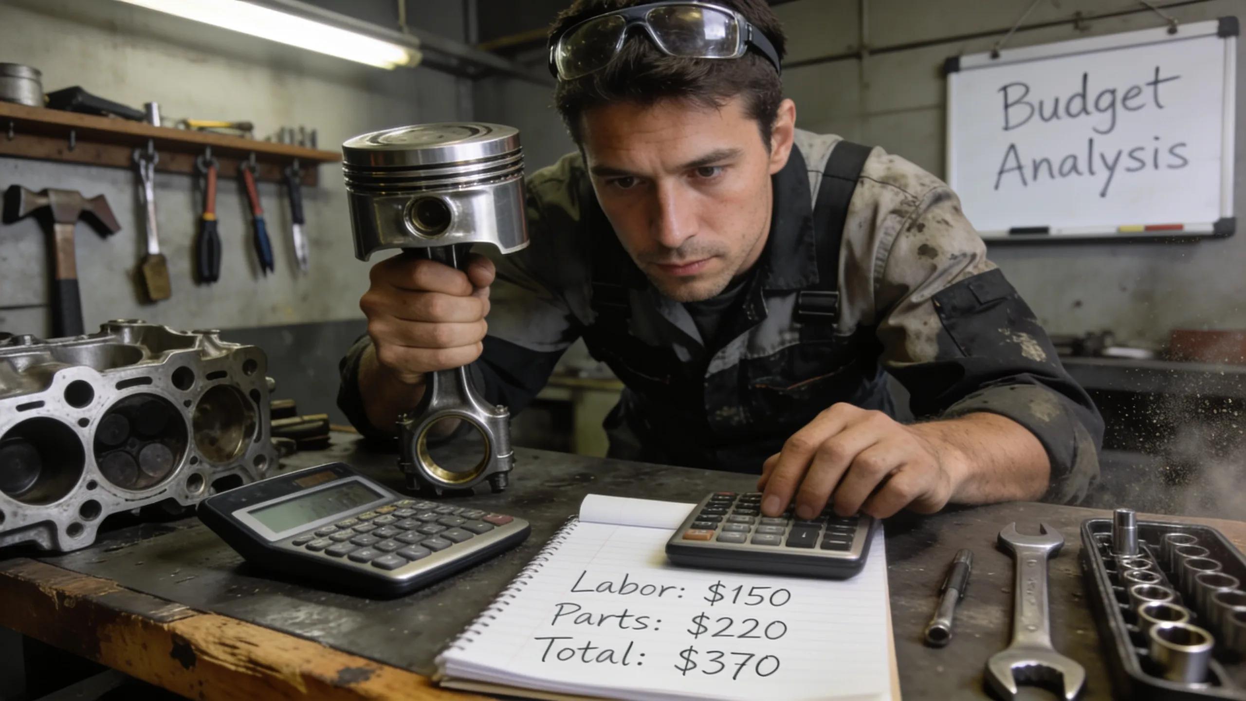 Mechanic calculating costs while evaluating engine replacement options