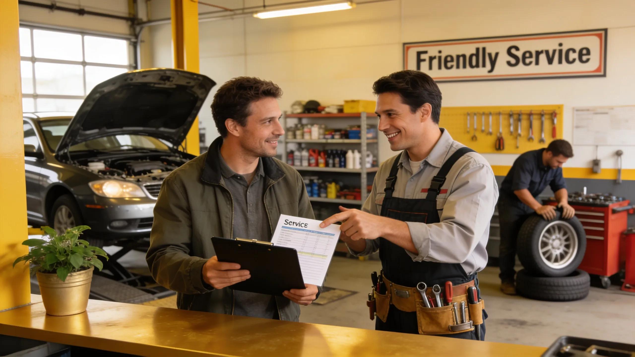 A mechanic explaining repair costs to a customer, showcasing trust and transparency in auto services