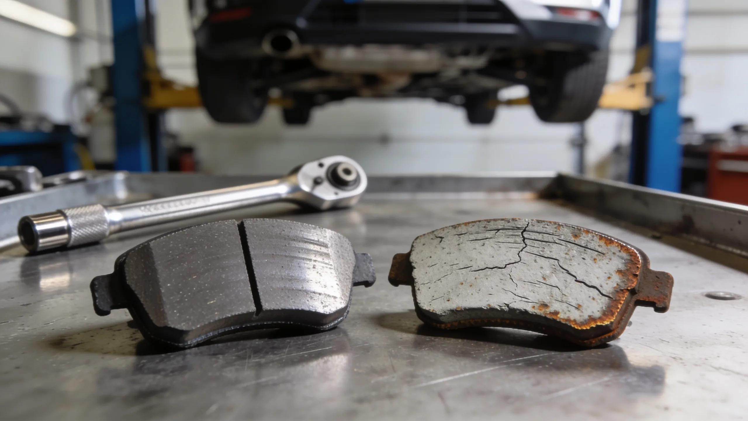 Comparison of new and worn brake pads emphasizing safety.