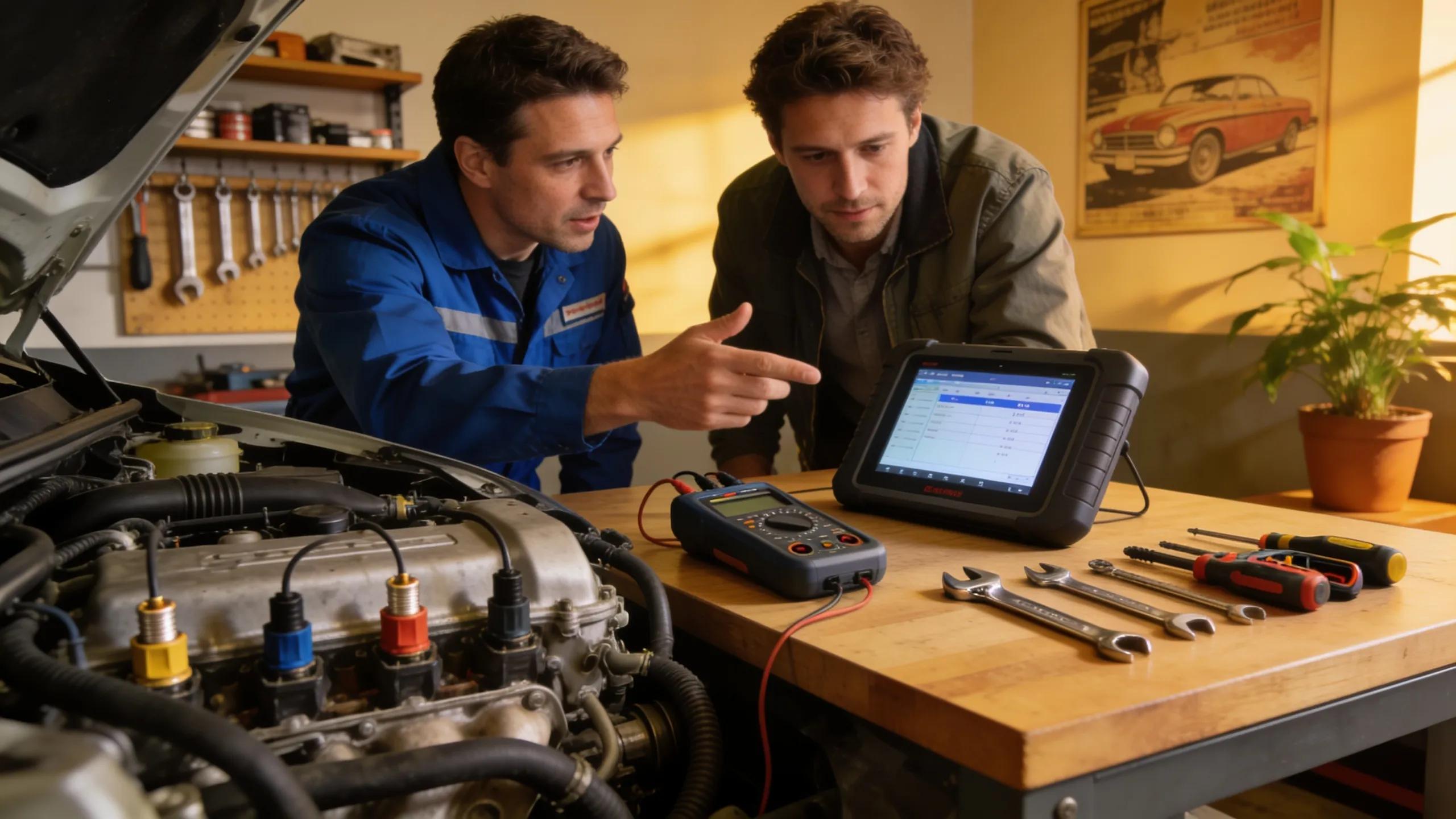 Mechanic discussing engine diagnostics with a customer in an automotive service center