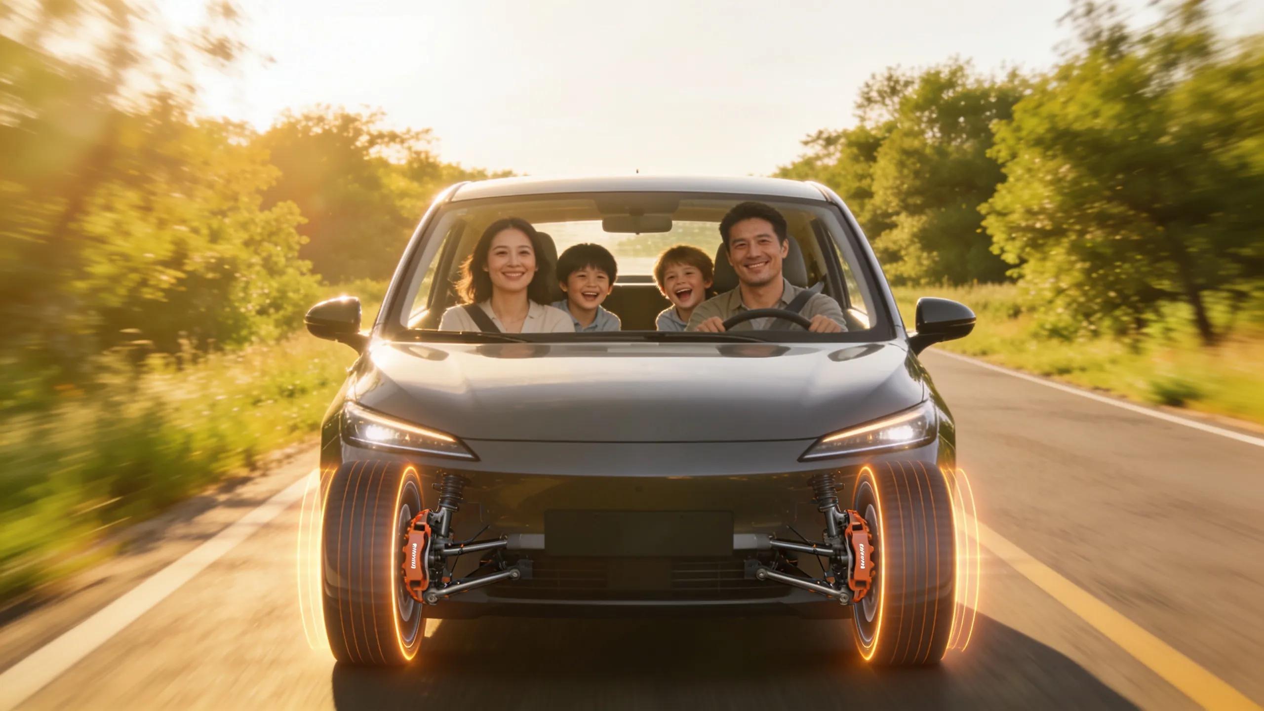 Family enjoying a safe car ride, representing the importance of brake maintenance for safety