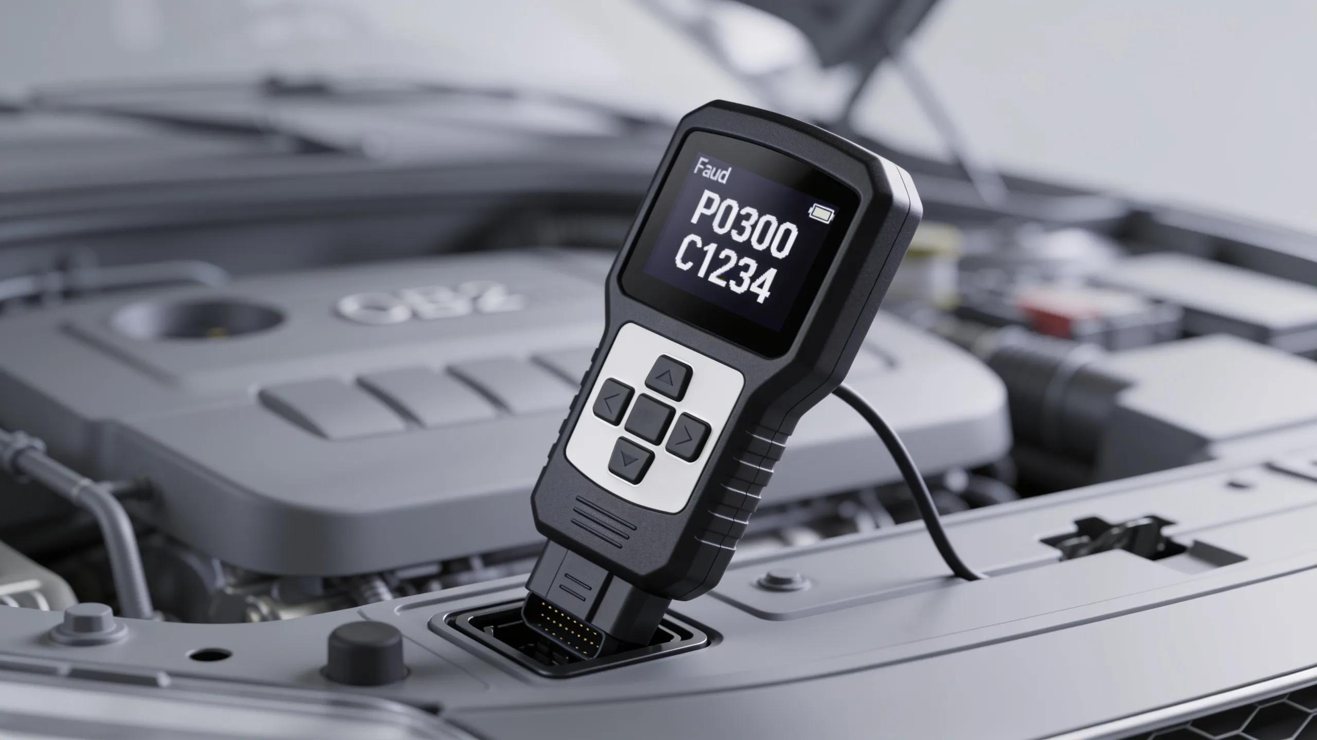 OBD2 scanner in use, connected to vehicle, demonstrating diagnostic testing and fault code retrieval
