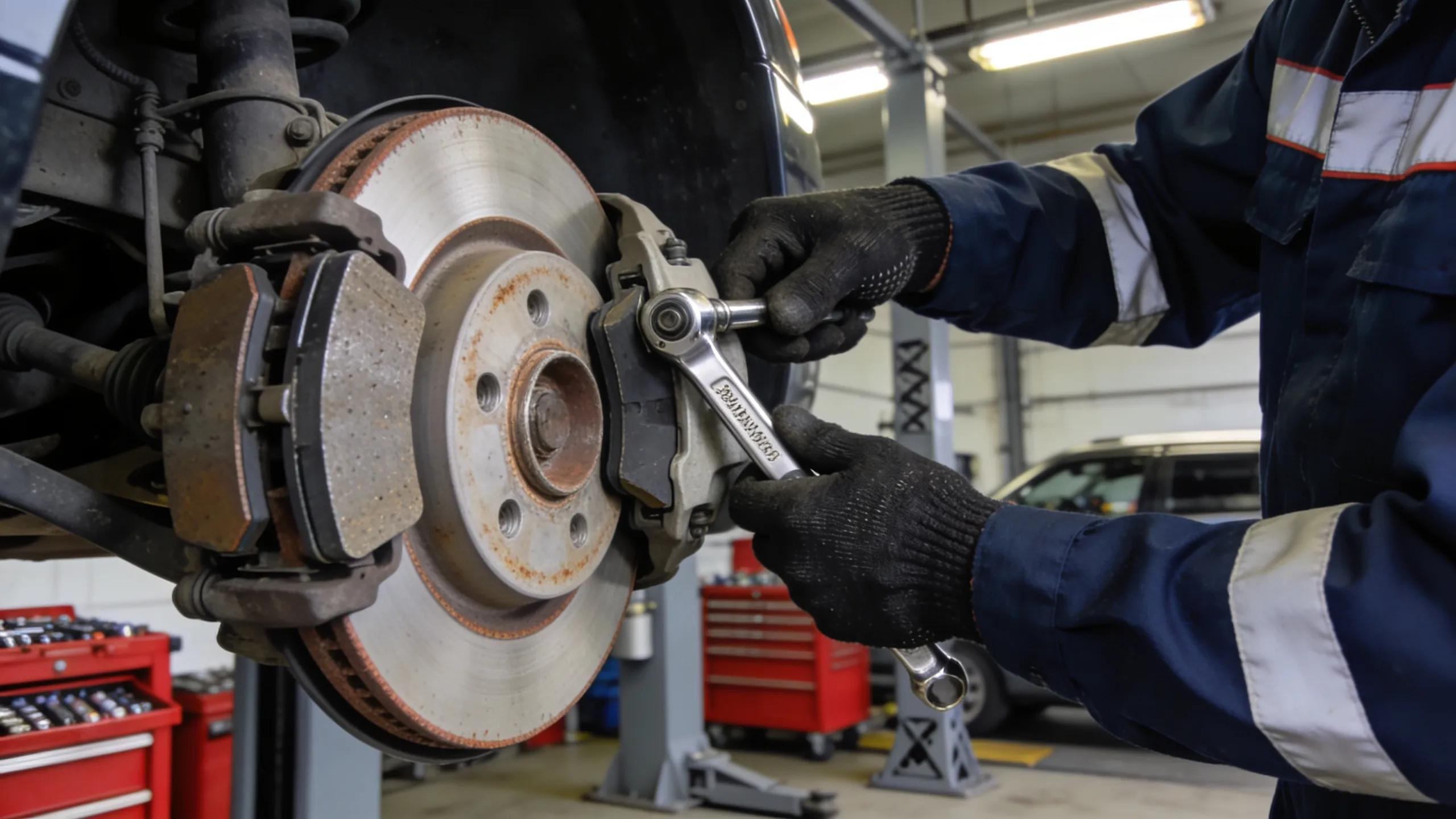 Mechanic repairing brake rotors and pads in Philadelphia auto repair shop.
