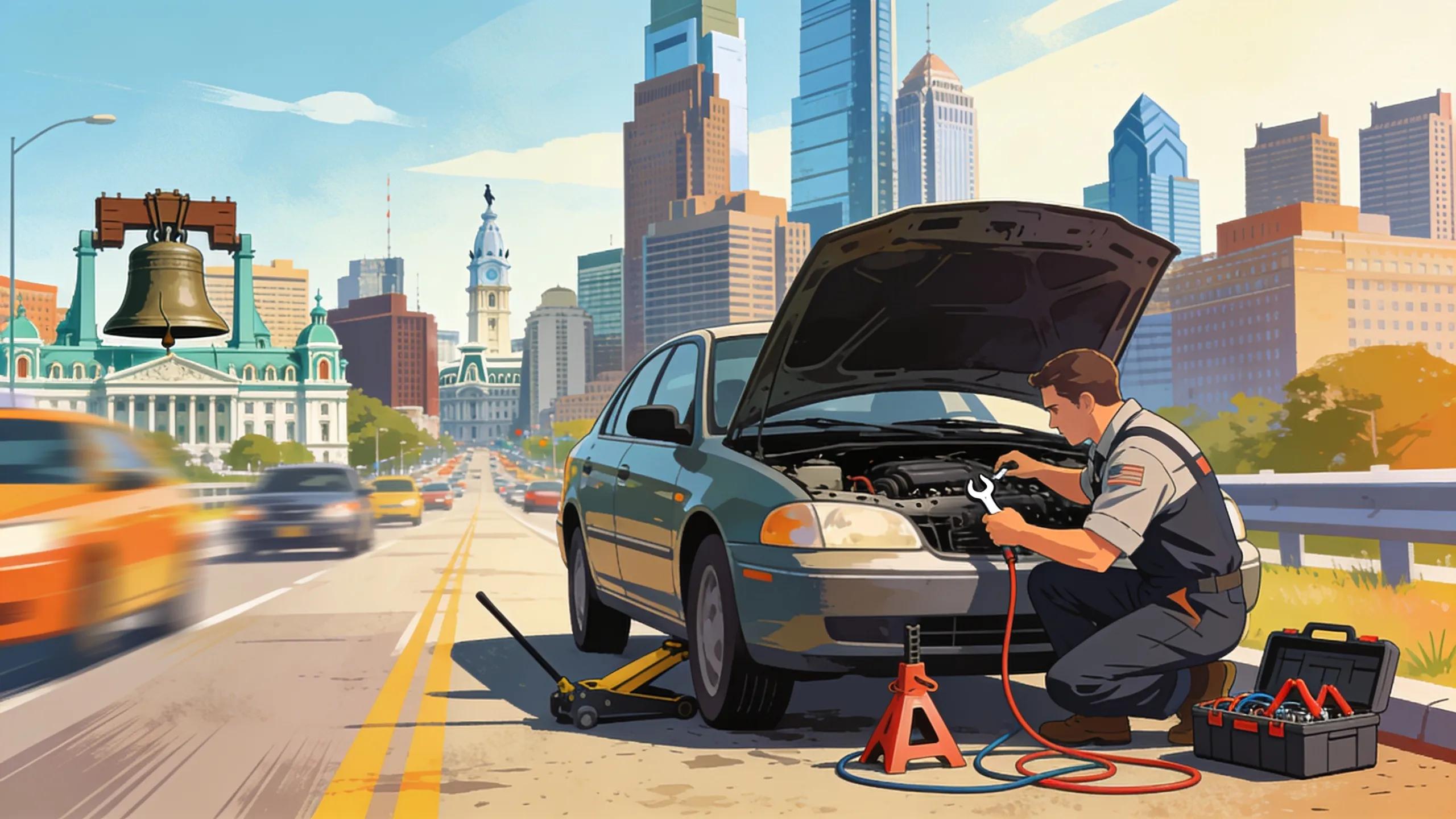 Mechanic assisting a car in distress on a Philadelphia road.