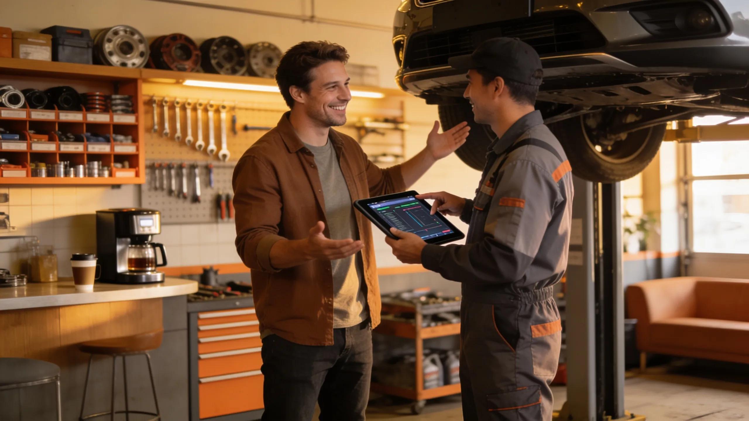 Car owner consulting with technician about engine diagnostics, representing benefits of professional services