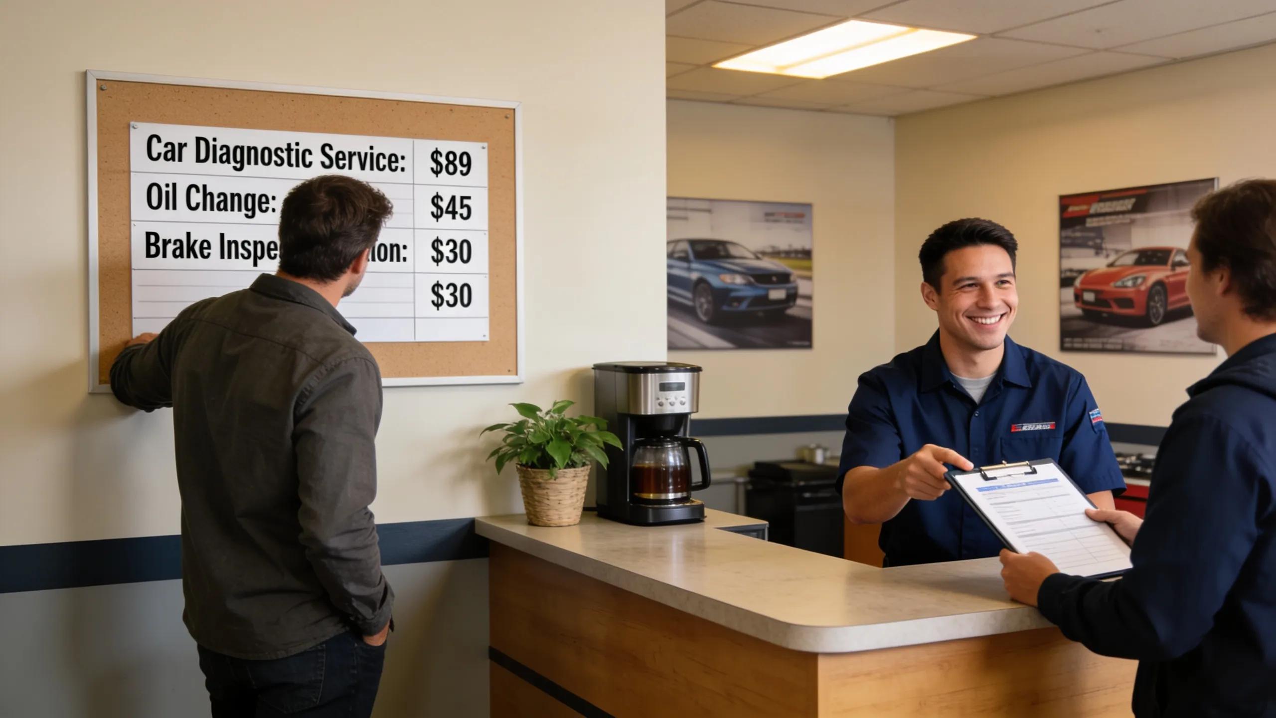 Reception area of an auto repair shop with customers discussing service pricing options