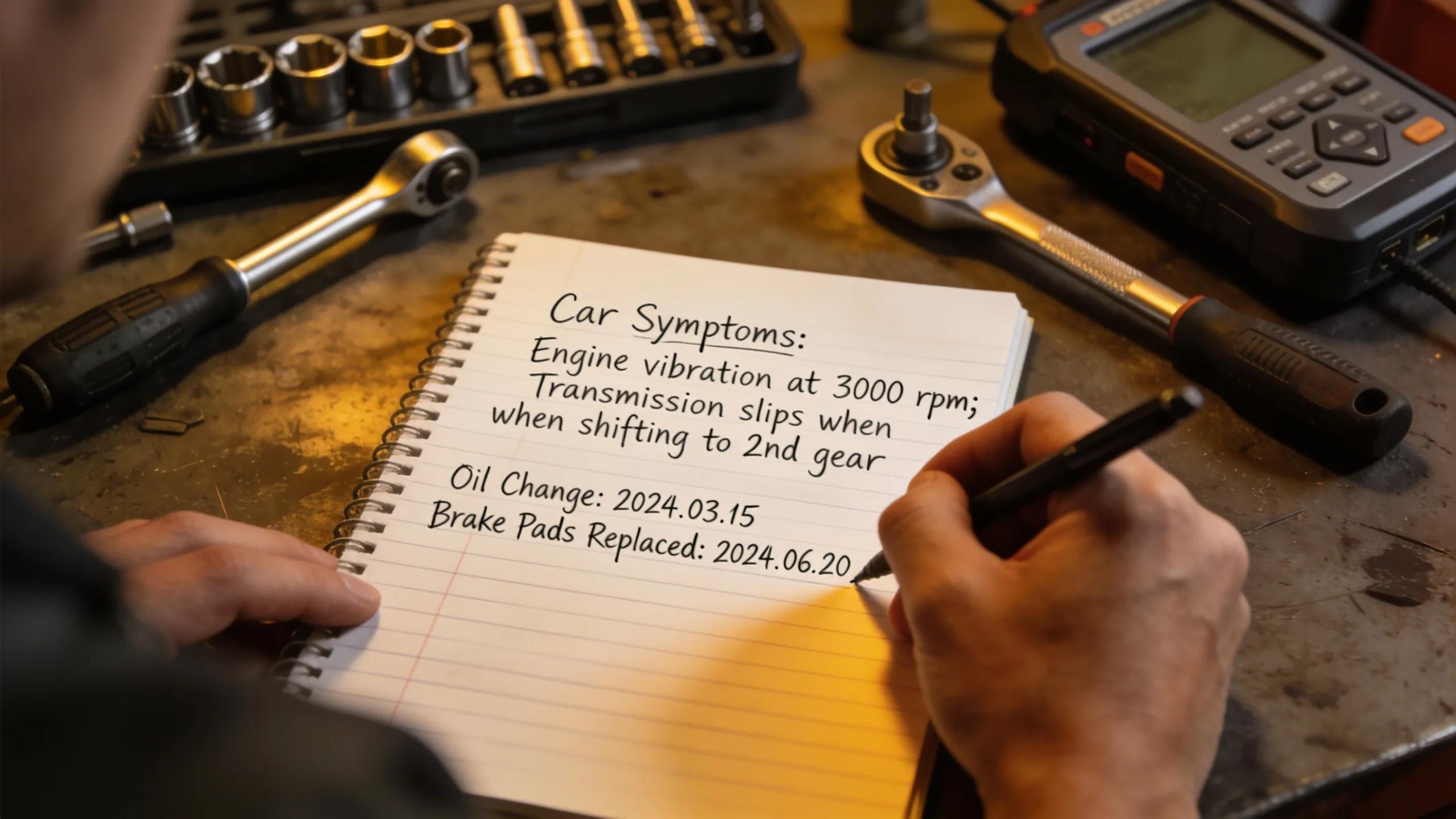 Person documenting car issues on notepad with vehicle maintenance records, preparing for diagnostic test