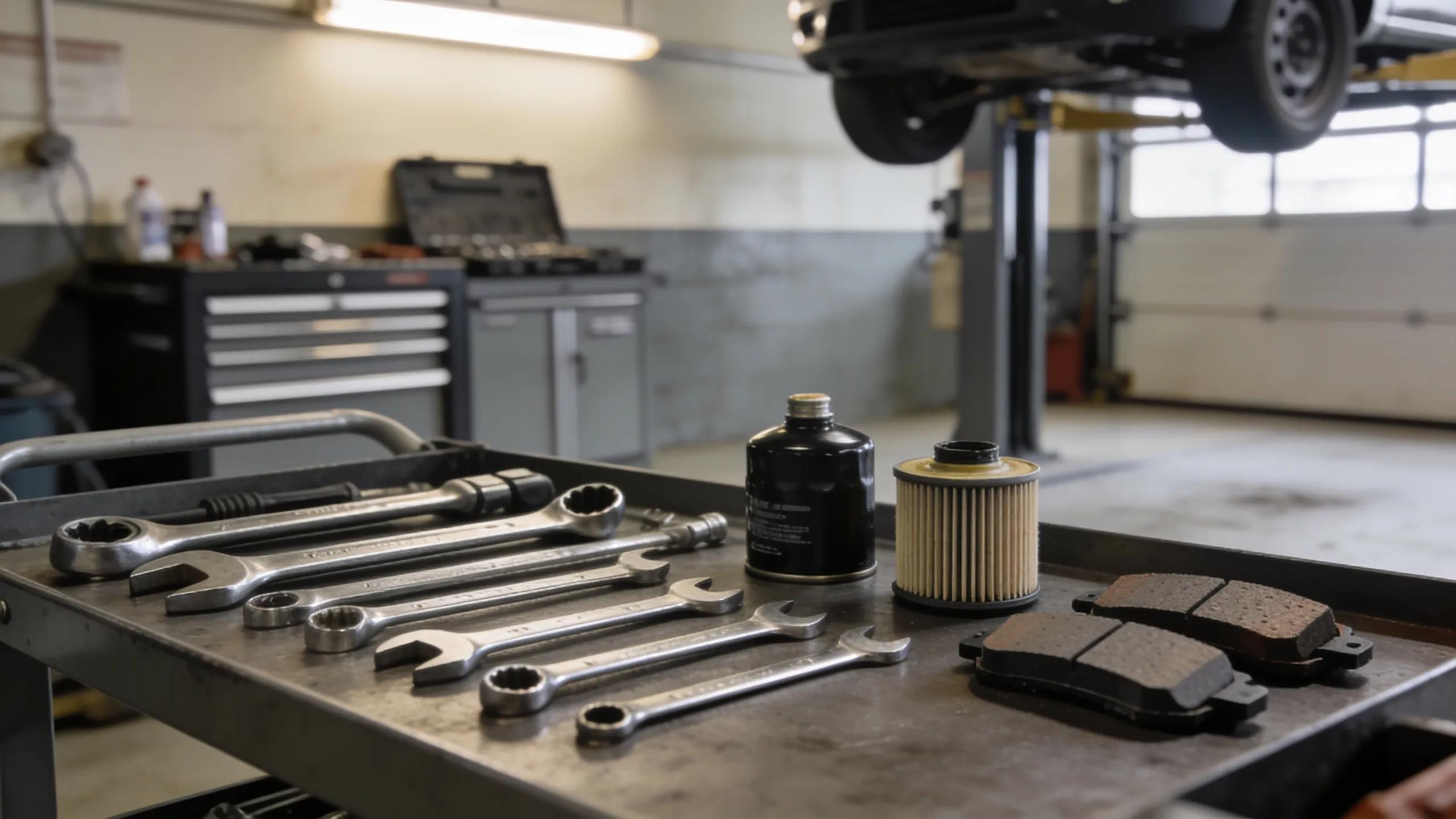 Tools and parts used in essential auto repair services, depicting professionalism and quality care