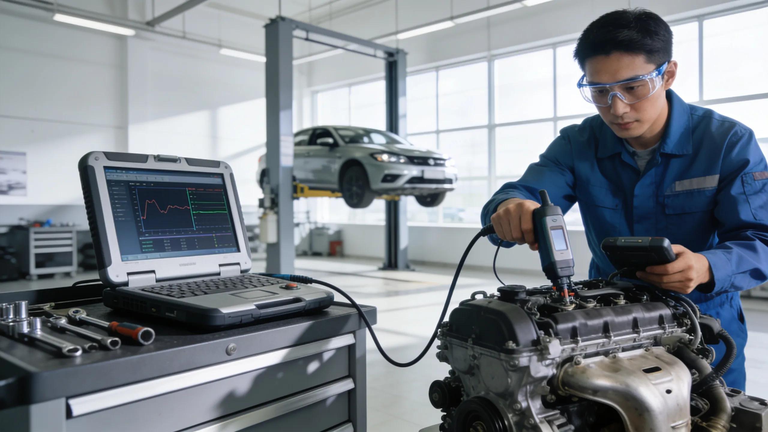 Mechanic using diagnostic scanner on car engine, affordable car diagnostics in Philadelphia.