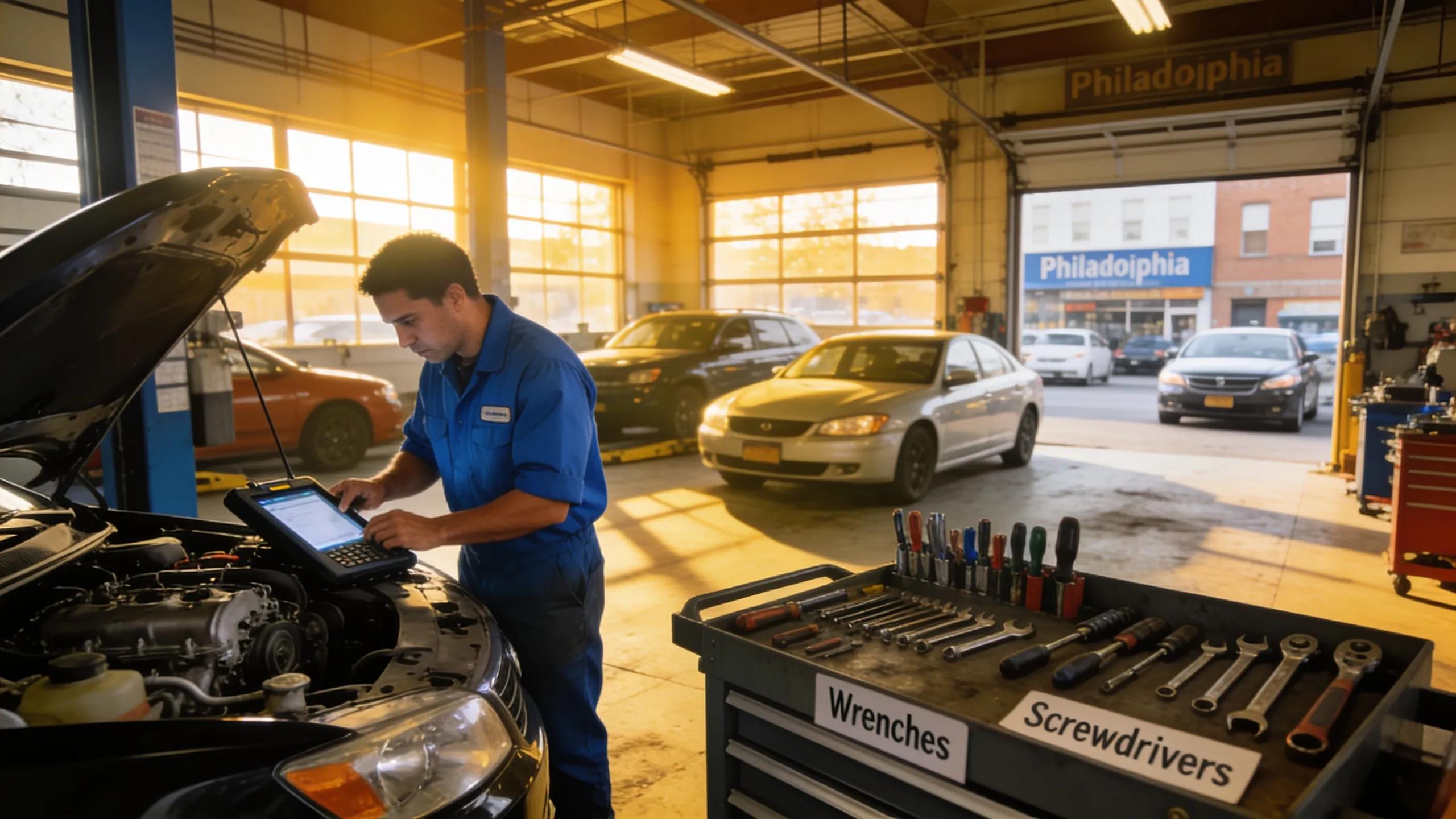 Mechanic diagnosing car engine with tablet in Philadelphia auto repair shop.