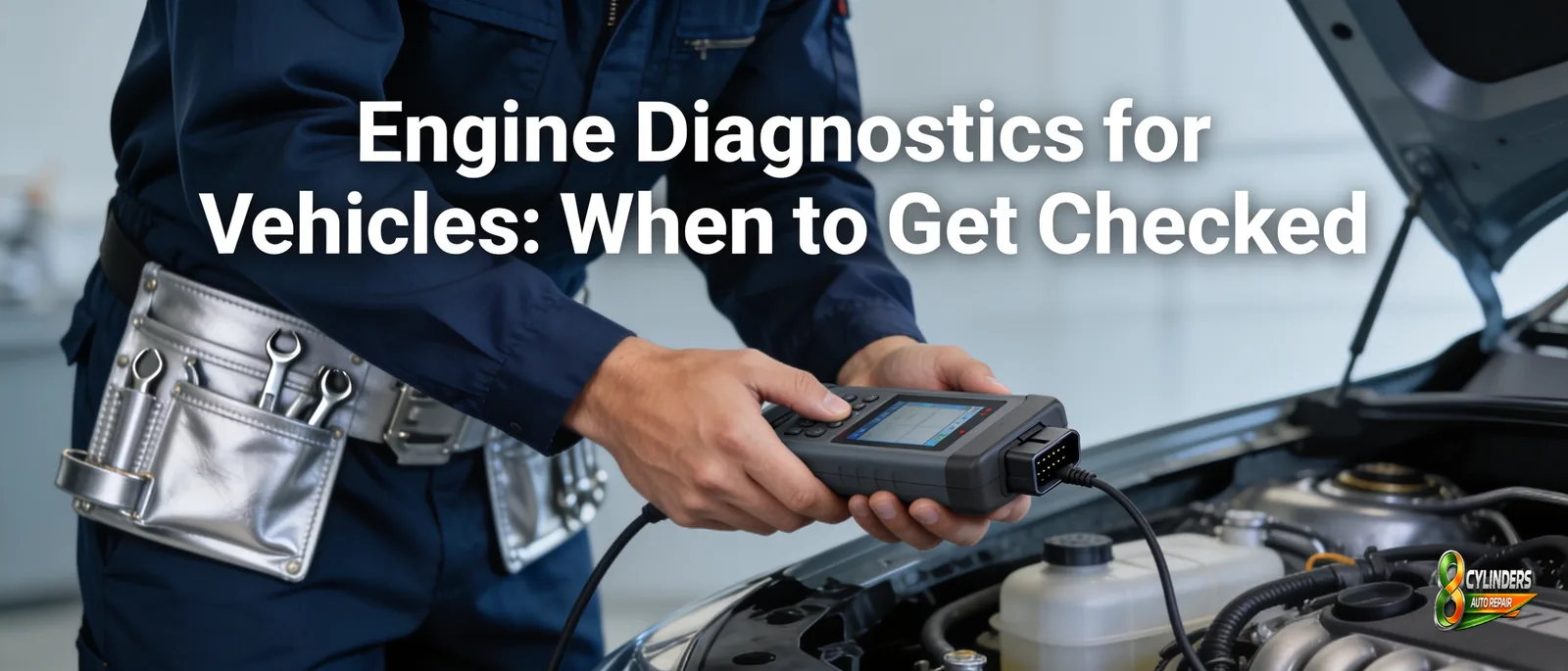 Mechanic using diagnostic scan tool on vehicle engine, performing engine diagnostics in Philadelphia.