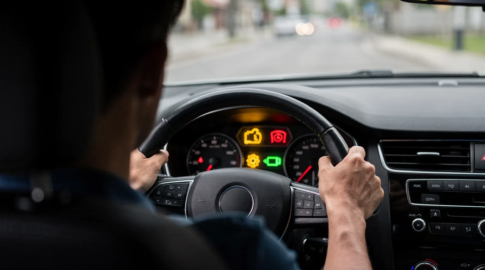A dashboard temperature gauge reading above normal signals a cooling system problem.; Steam coming